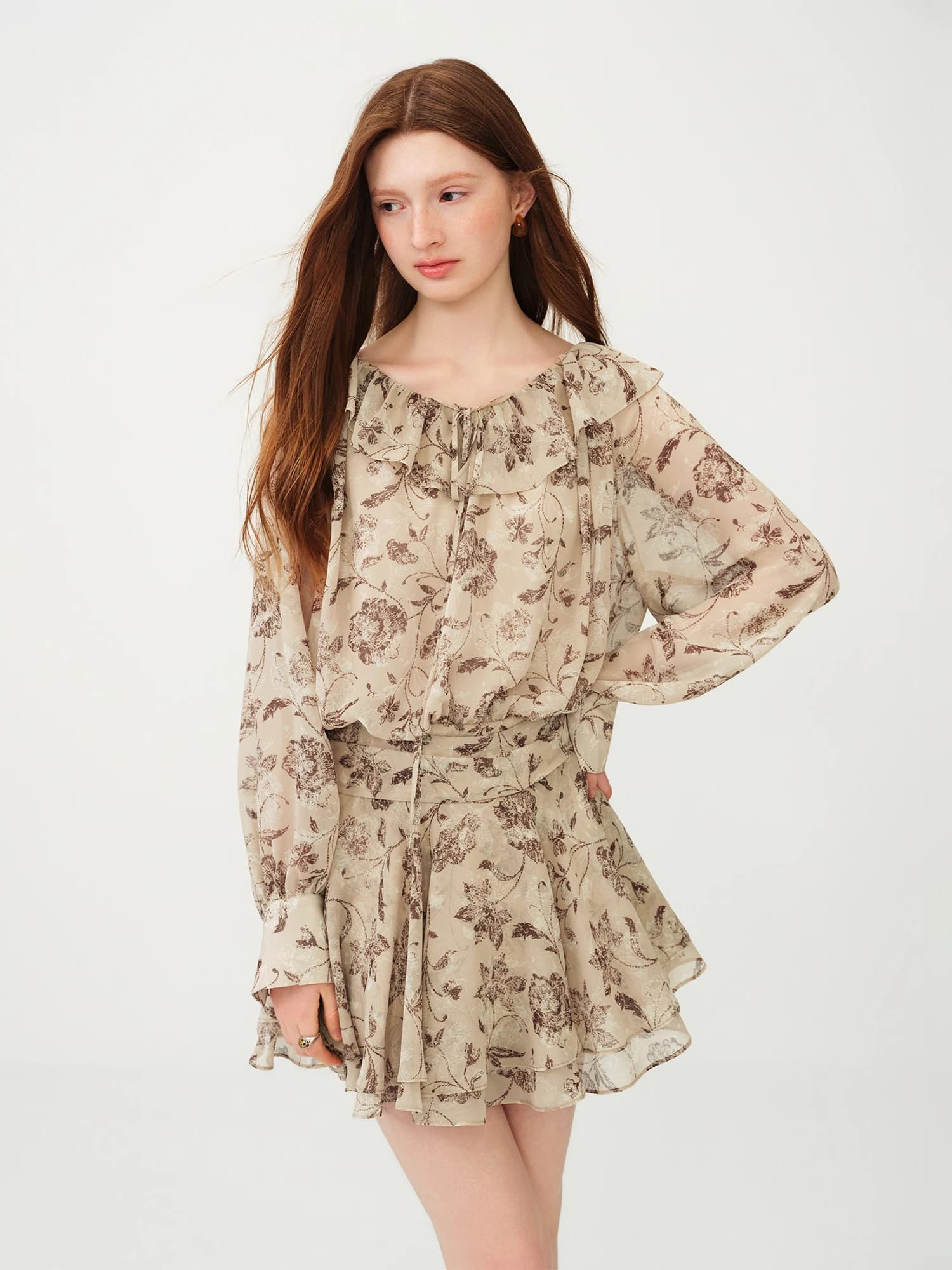 Robe Courte Évasée à Manches Longues Imprimé Floral d'Inspiration Française FSLE 2026 pour Femme - I