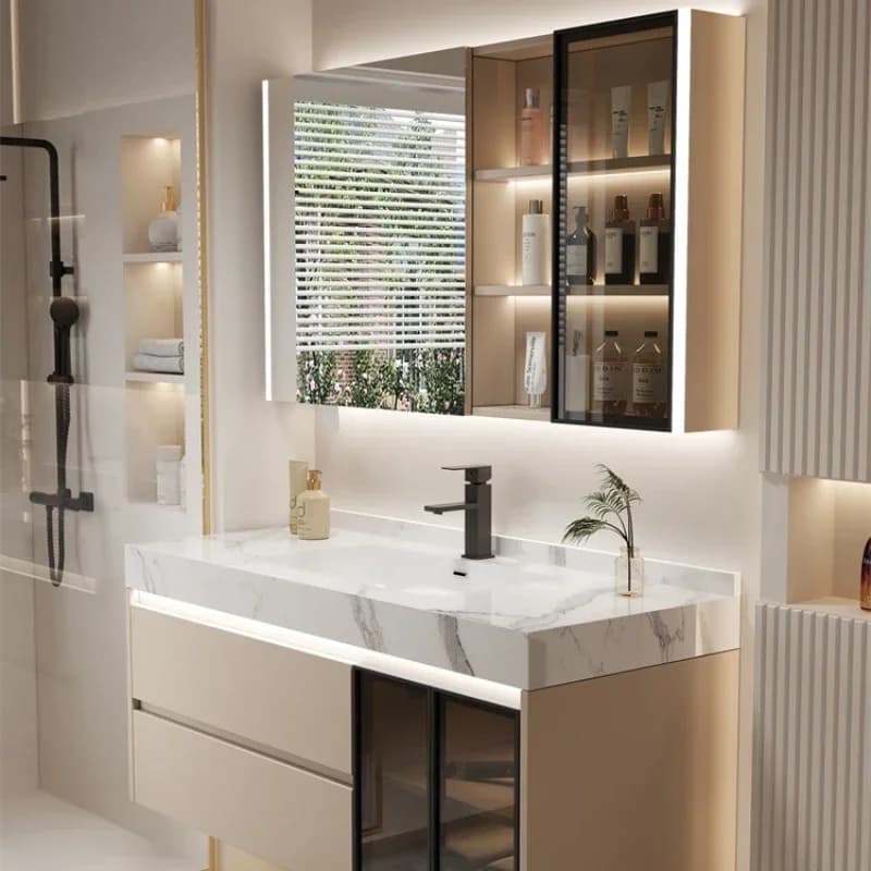 Rock panneau céramique intégré salle de bain armoire combinaison lavabo armoire main lavabo Gabinete