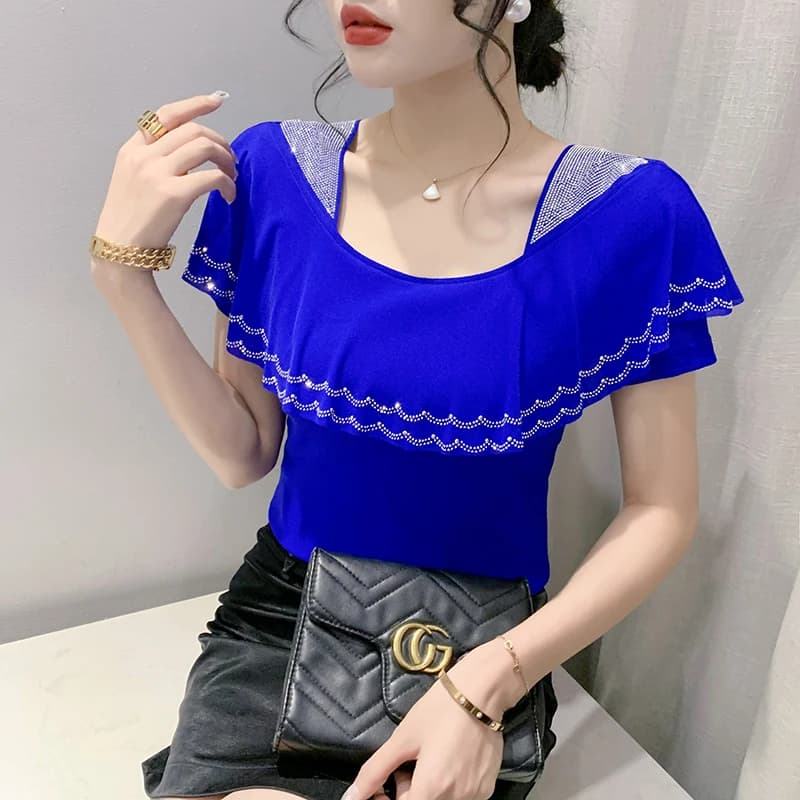 Été volants maille col carré T-Shirts femmes à manches courtes diamants t-shirt Femme mode Patchwork