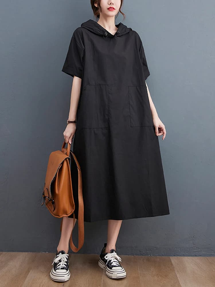 Nouvelle Robe Longue Décontractée Noire Vintage Oversize à Capuche et Manches Courtes pour Femme – T