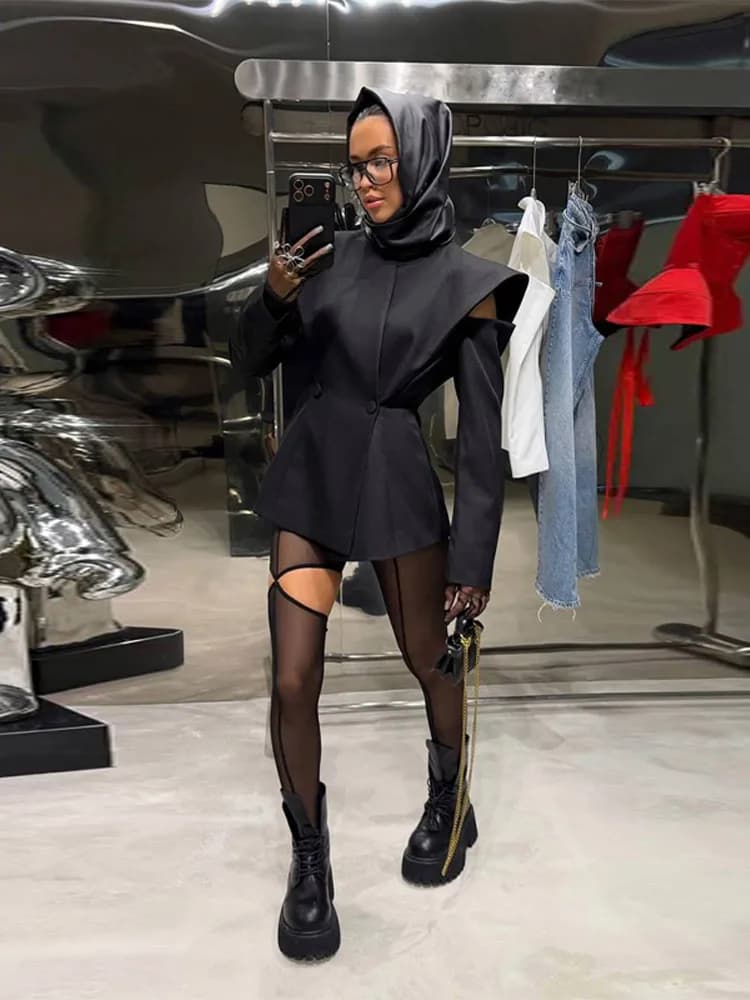 Blazer élégant pour femme, manteau noir, tunique à manches longues, épaules dénudées, col montant, d