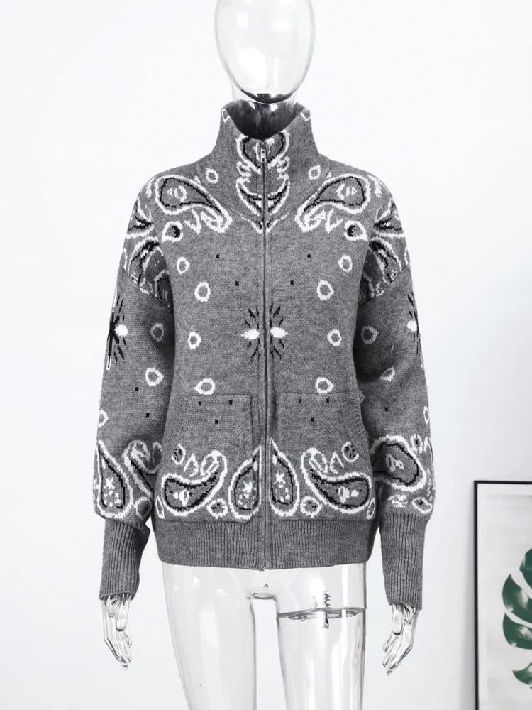 Cardigan Jacquard Printemps à Col Montant pour Femme, Manteau Chic à Manches Longues avec Fermeture 