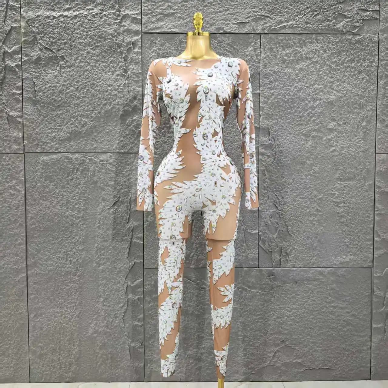 Gros femmes Sexy à manches longues brillant strass moulante combinaison célébrer discothèque fête Pe