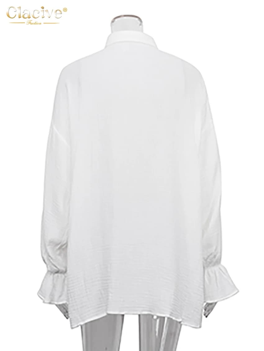 ClacMarkets-Chemisiers de bureau blancs pour femmes, chemises à manches longues à revers, haut chic 