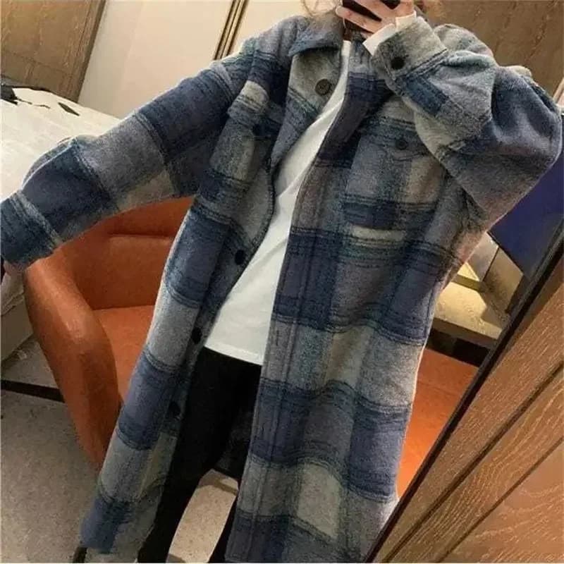 Chemise mi-longue fine au-dessus du genou, manteau à carreaux bleu, version coréenne, tempérament tr