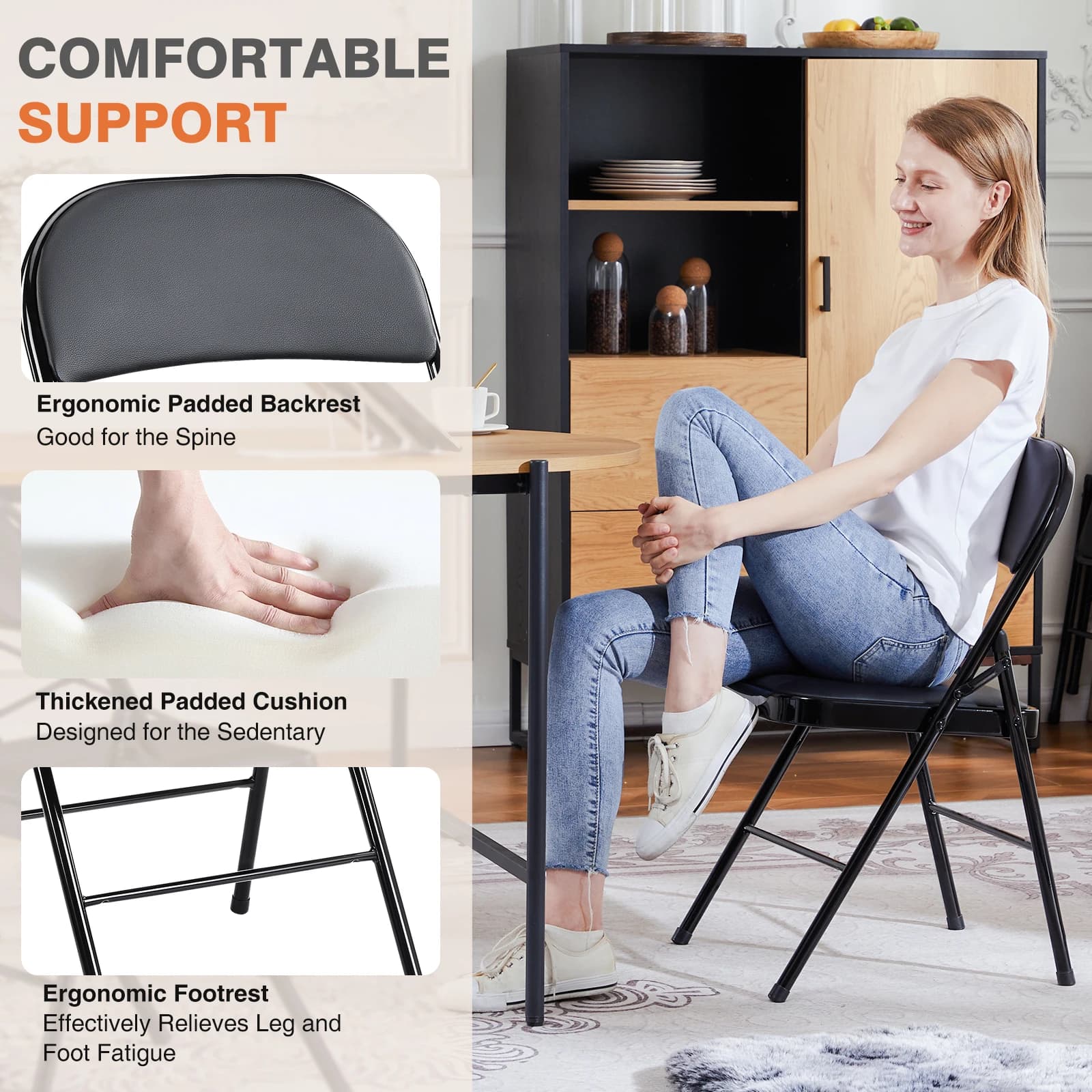 JIAN-Lot de 4 chaises pliantes rembourrées en cuir, en métal robuste, facile à utiliser, rangement, 