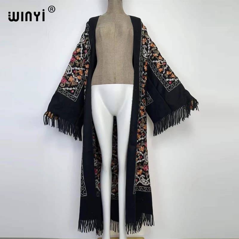 WINYI-Pashmina Long Brodé avec Pompon pour Femme, Manteau à Revers, Pardessus Optique Chaud, Taille 