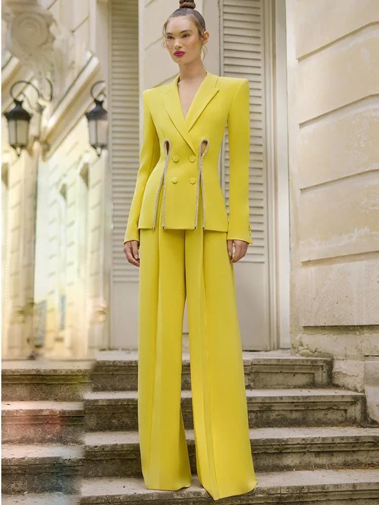 HIGH STREET Nouveauté 2026 Ensemble de costume de créateur pour femme, Blazer à fente orné de diaman