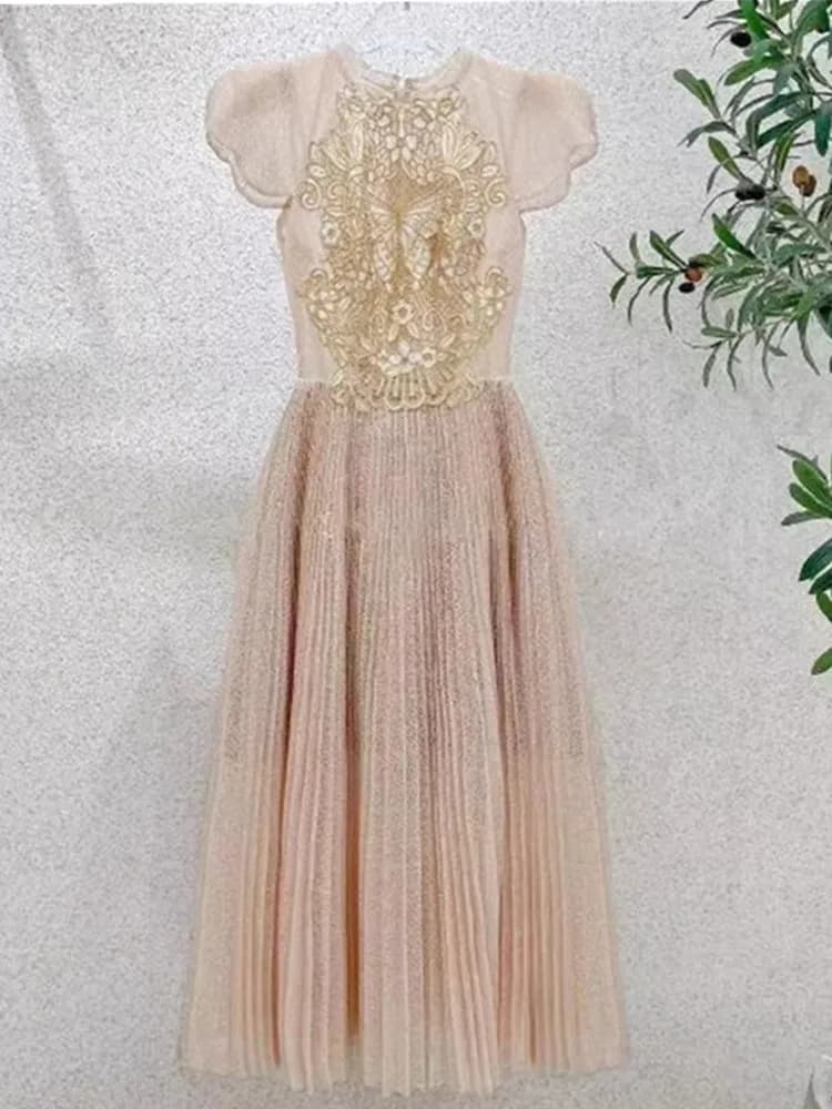 Robe brodée en dentelle évidée pour femme, manches courtes, patchwork, taille fine, longue, robe édu