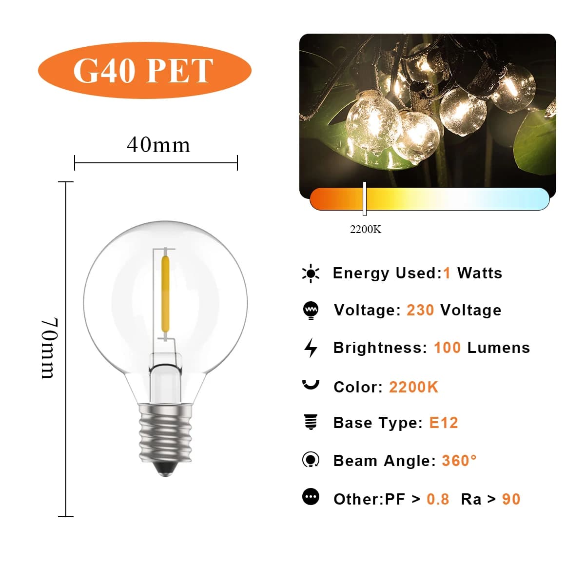 Guirlande lumineuse Led Vintage G40, ampoule de remplacement, 1W, Globe incassable en plastique, Min