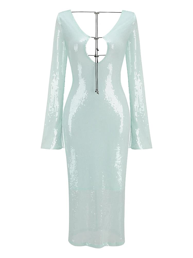 BEVENCCEL Sexy luxe paillettes profonde V à manches longues dos nu paillettes longue robe élégante m