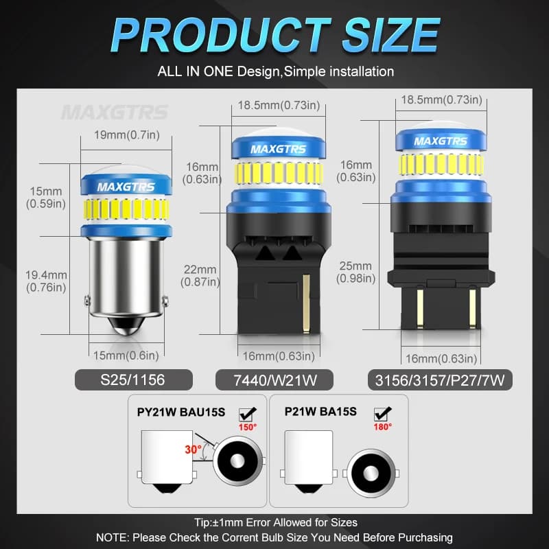 2x Ampoules LED P21W 1156 BA15S W21W T20 7440 3156 BAU15S pour clignotants de voiture, feux de frein