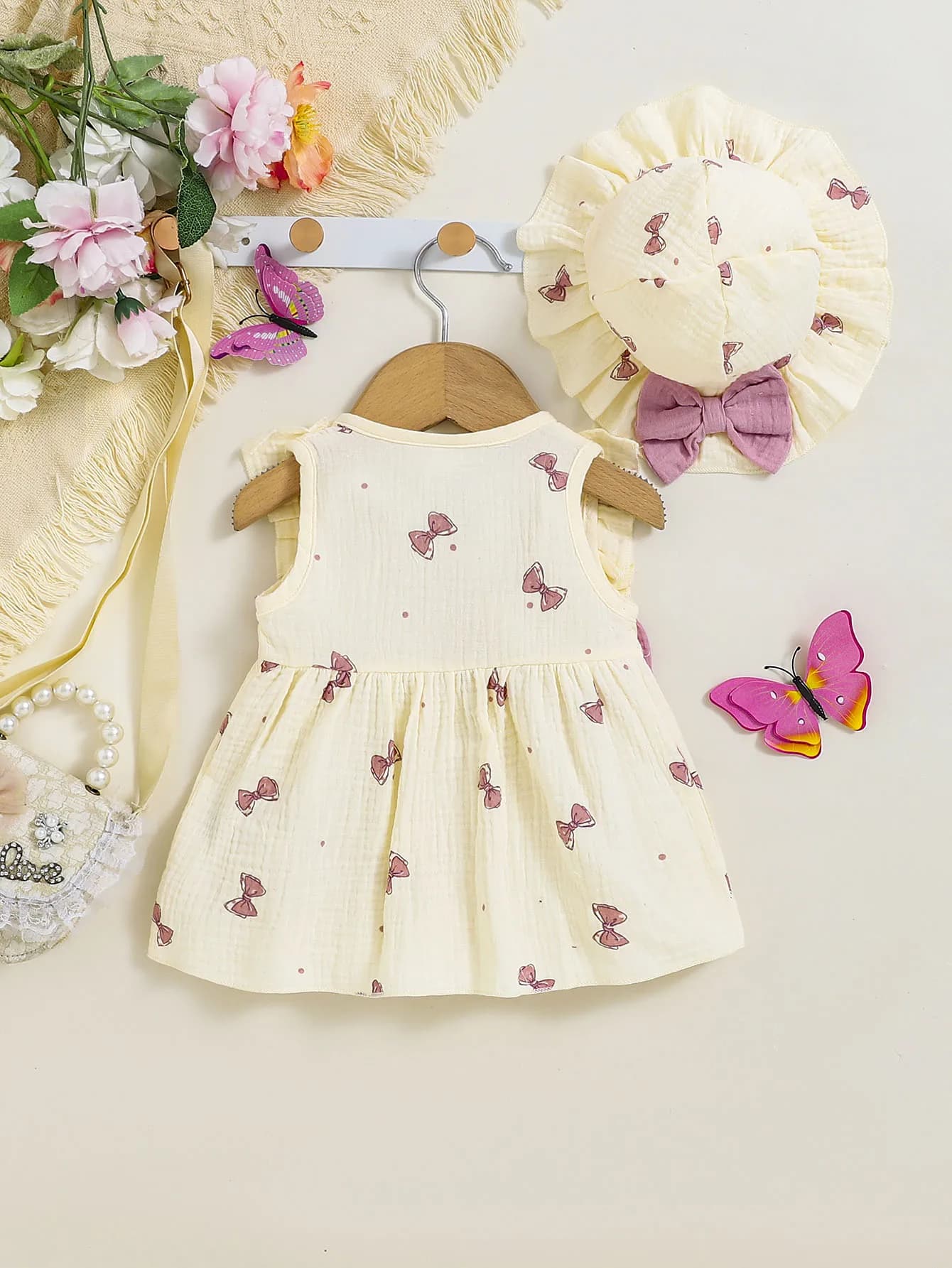 Robe pour bébé fille de 0 à 9 mois, 2 pièces, col rond, imprimé nœud, bord à volants, ensemble de ch