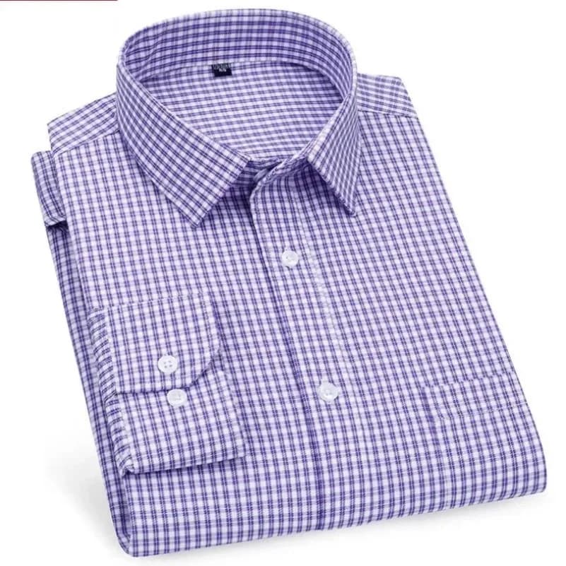 Chemises décontractées pour hommes, violet bleu, coton, coupe classique, manches longues, à carreaux