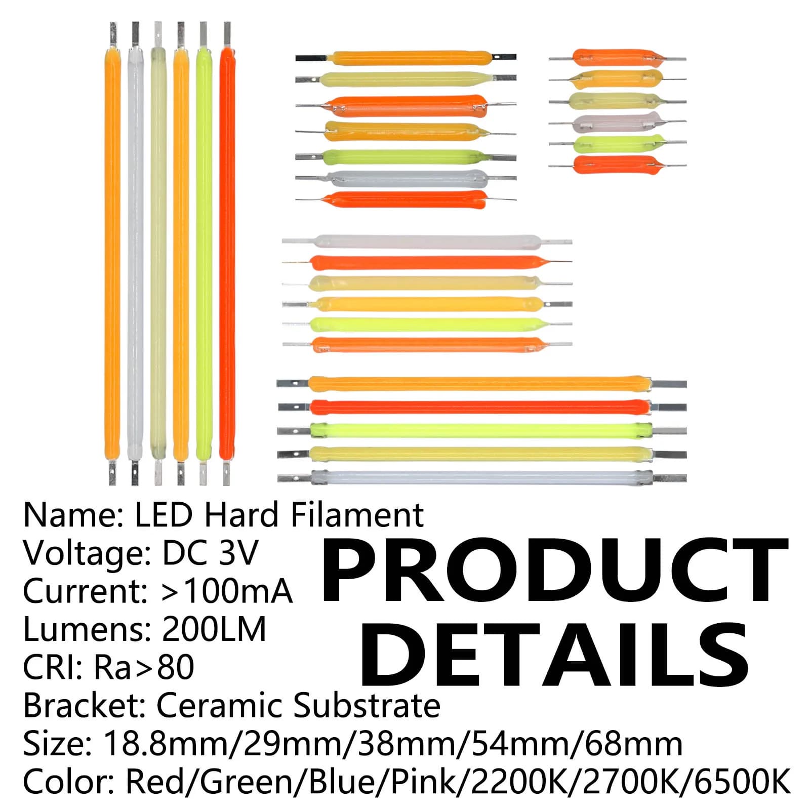 Filament LED COB 18.8mm 29mm 38mm 54mm 68mm, 10 pièces, pièces d'ampoule Edison DC 3V 12V 57V, Diode