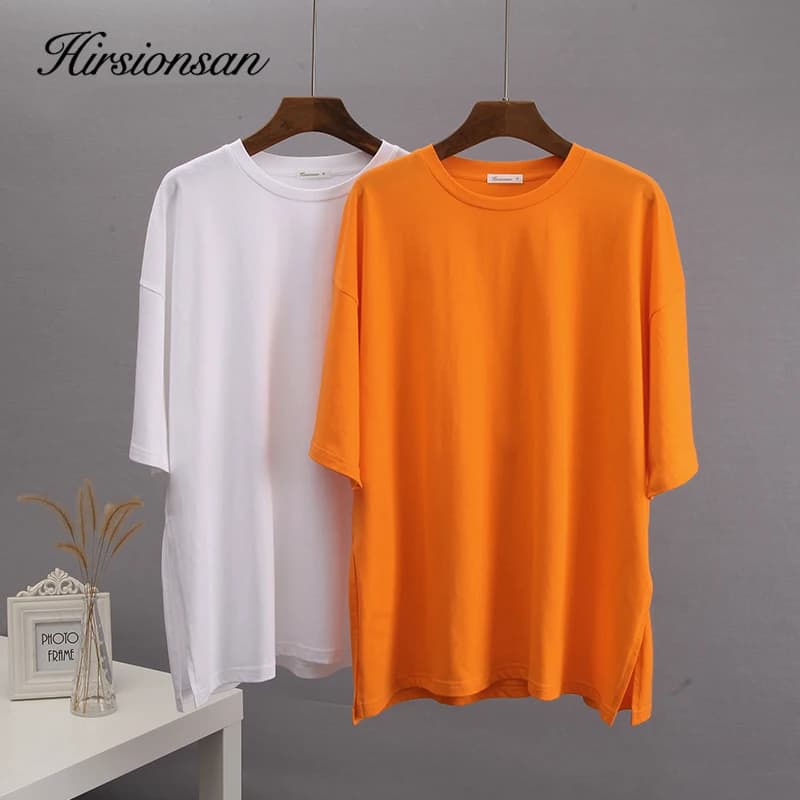 Hirsionsan été surdimensionné coton t-shirt femmes 2023 nouveau ample solide fendu t-shirts décontra