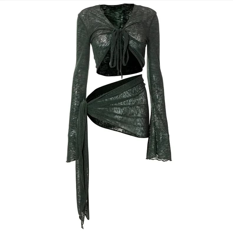 Ensemble jupe bandeau Sexy pour femmes, vêtements de plage, tricot, y2k, transparent, manches longue