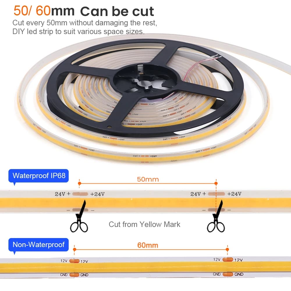 Bande lumineuse LED COB 12V 24V, IP68, étanche, Flexible, 320LED, 5m, 10m, 15m, 0.5m, 1m, éclairage 