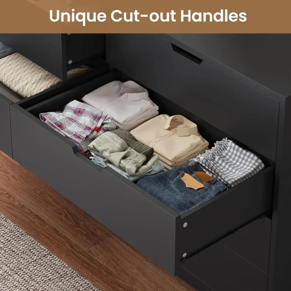 Commode moderne noire à 8 tiroirs pour chambre, salon, couloir - Meuble de rangement robuste avec ti