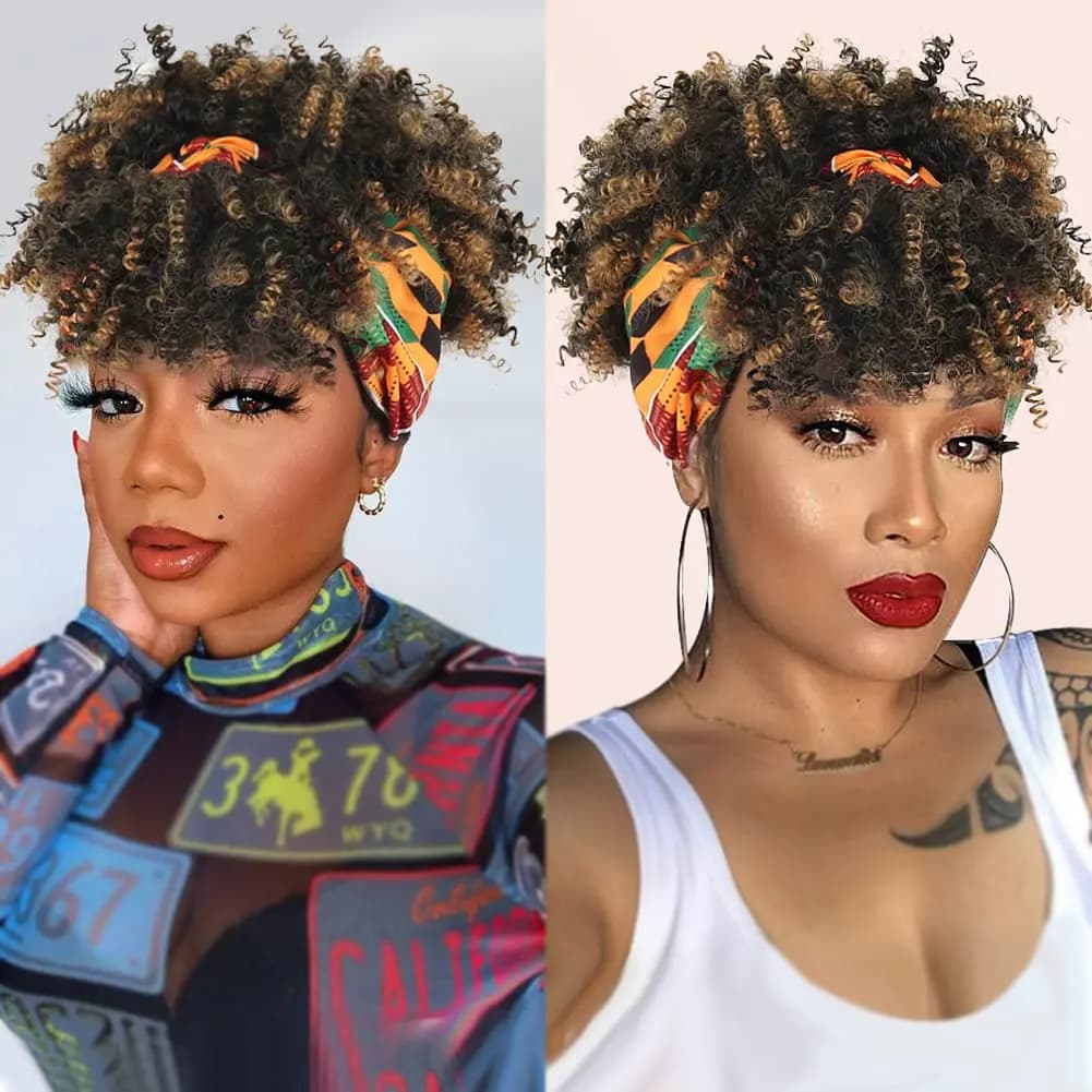 Perruque bandeau courte crépue bouclée Blonde ombrée Afro perruque bandeau bouclée avec frange pour 