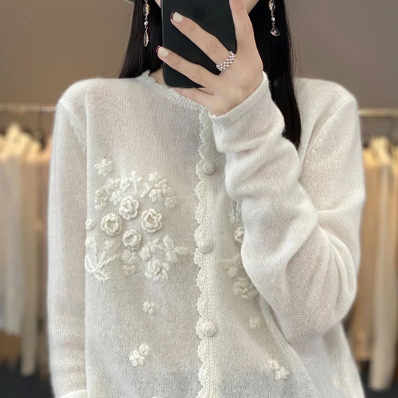 Pull en Cachemire Pur pour Femme, Cardigan à Col Rond en Dentelle, Broderie Décontractée, Veste Douc