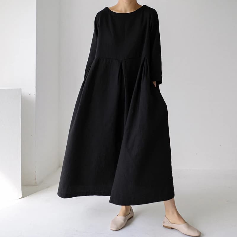 JohnMobNew-Robes coréennes pour femmes, vêtements d'automne, col rond, poches décontractées, ligne A