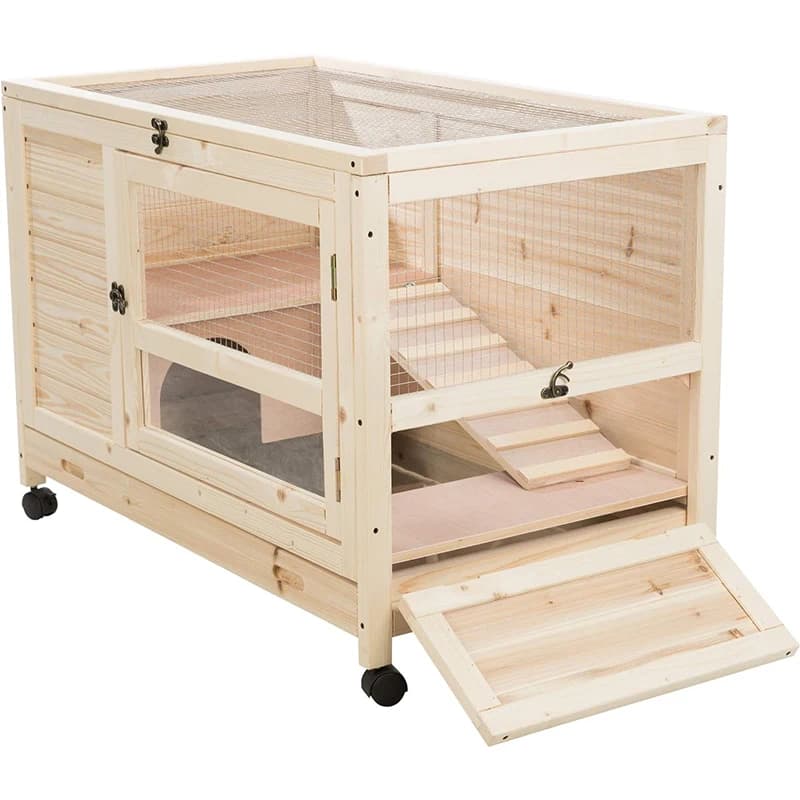 Lapin en bois à 2 niveaux pour l'extérieur, chalets avec rampe, roues, manipulation, mouvement, inst