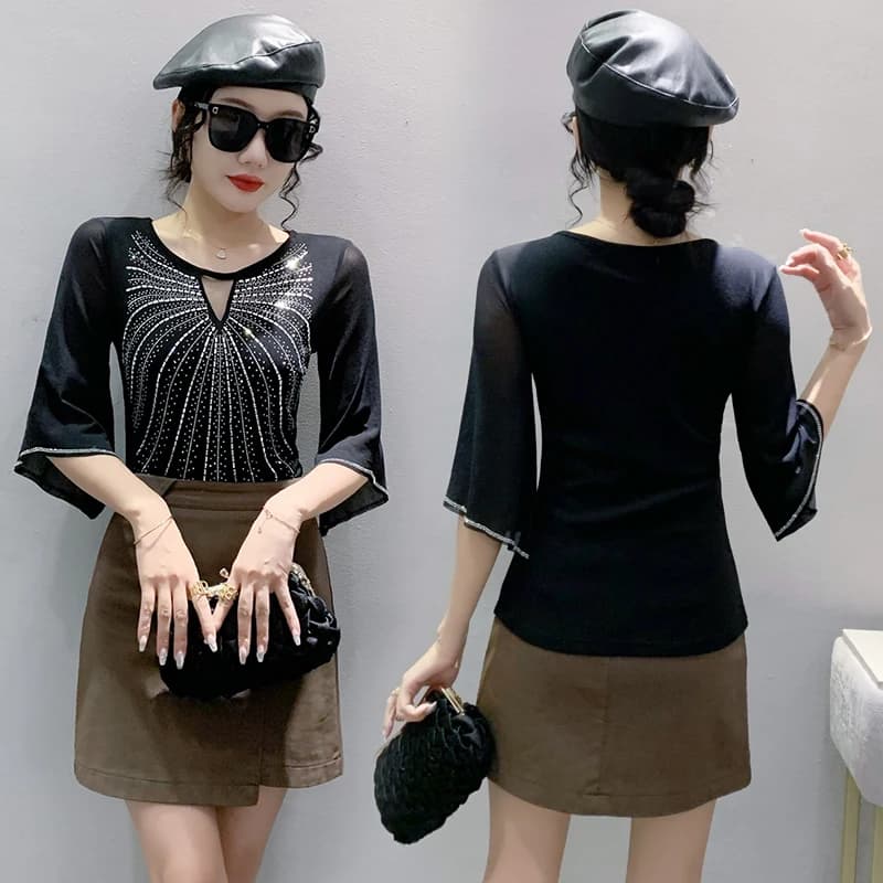 Été nouveauté demi manches évasées t-shirt femmes col rond diamants maille t-shirts hauts fille mode