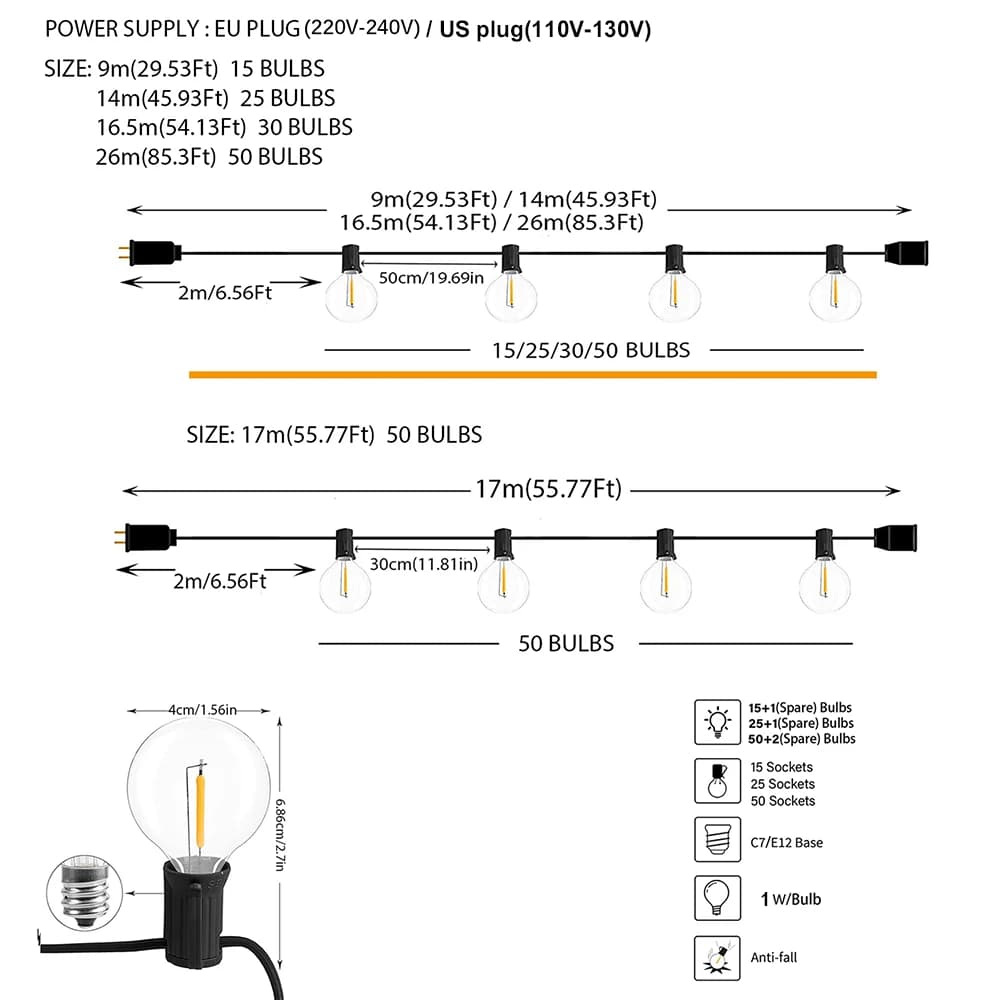 Guirlande lumineuse LED d'extérieur G40, guirlande de fête, ampoules Globe à intensité variable, lam
