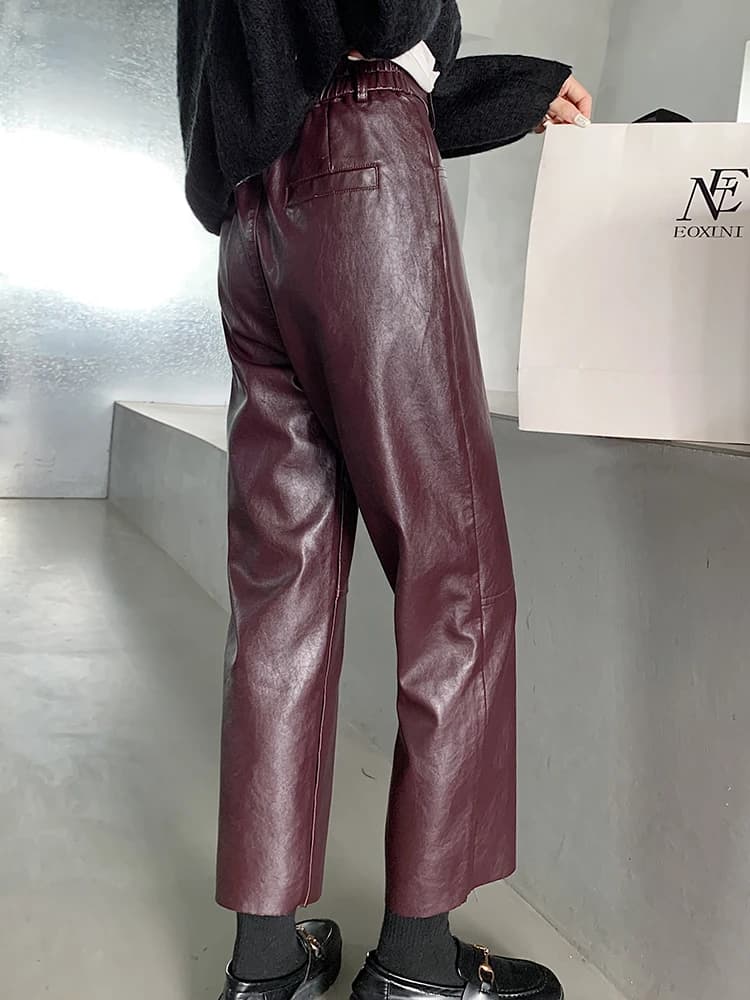 QOERLIN automne hiver pantalon en cuir PU femmes élégant taille haute poches Faux cuir sarouel femme