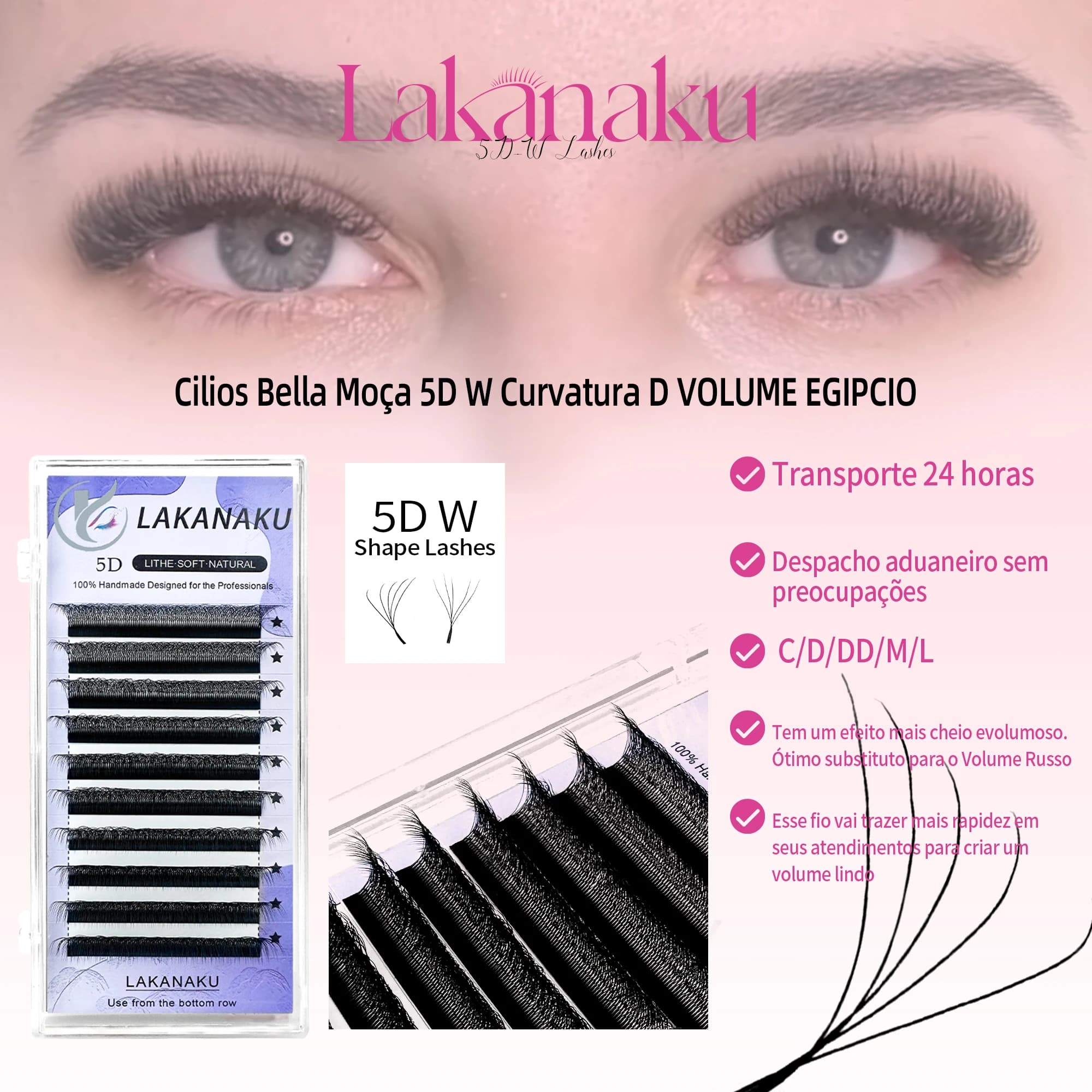 LAKANAKU Fio 5W Extension de cils en forme 6 plateaux Volume Egipcio doux individuel préfabriqué Vol