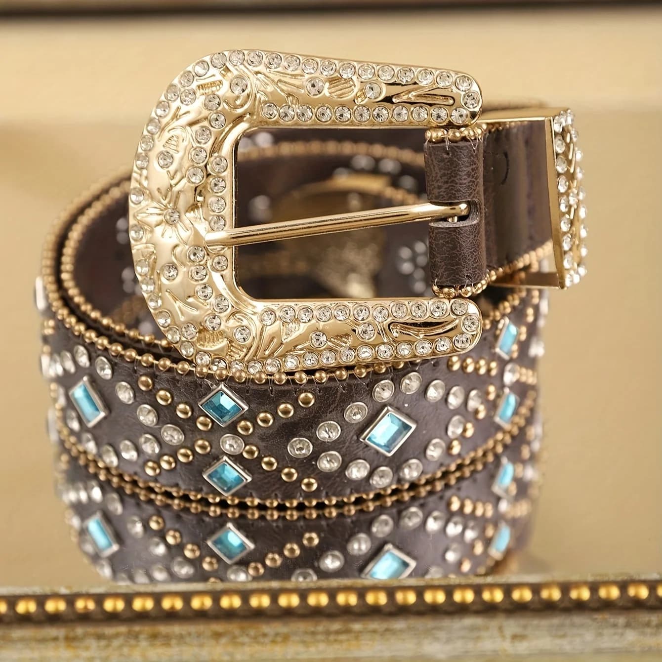 Ceinture en cuir PU marron pour femmes, 1 pièce, avec chaîne perlée bleu cobalt, ceinture en cuir de