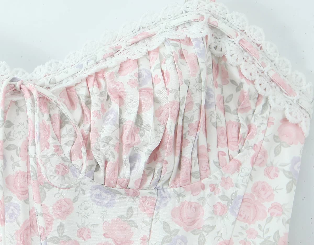 Robe longue en dentelle épissée, imprimé Floral, Sexy, froncé sur la poitrine, Style Corset, à brete