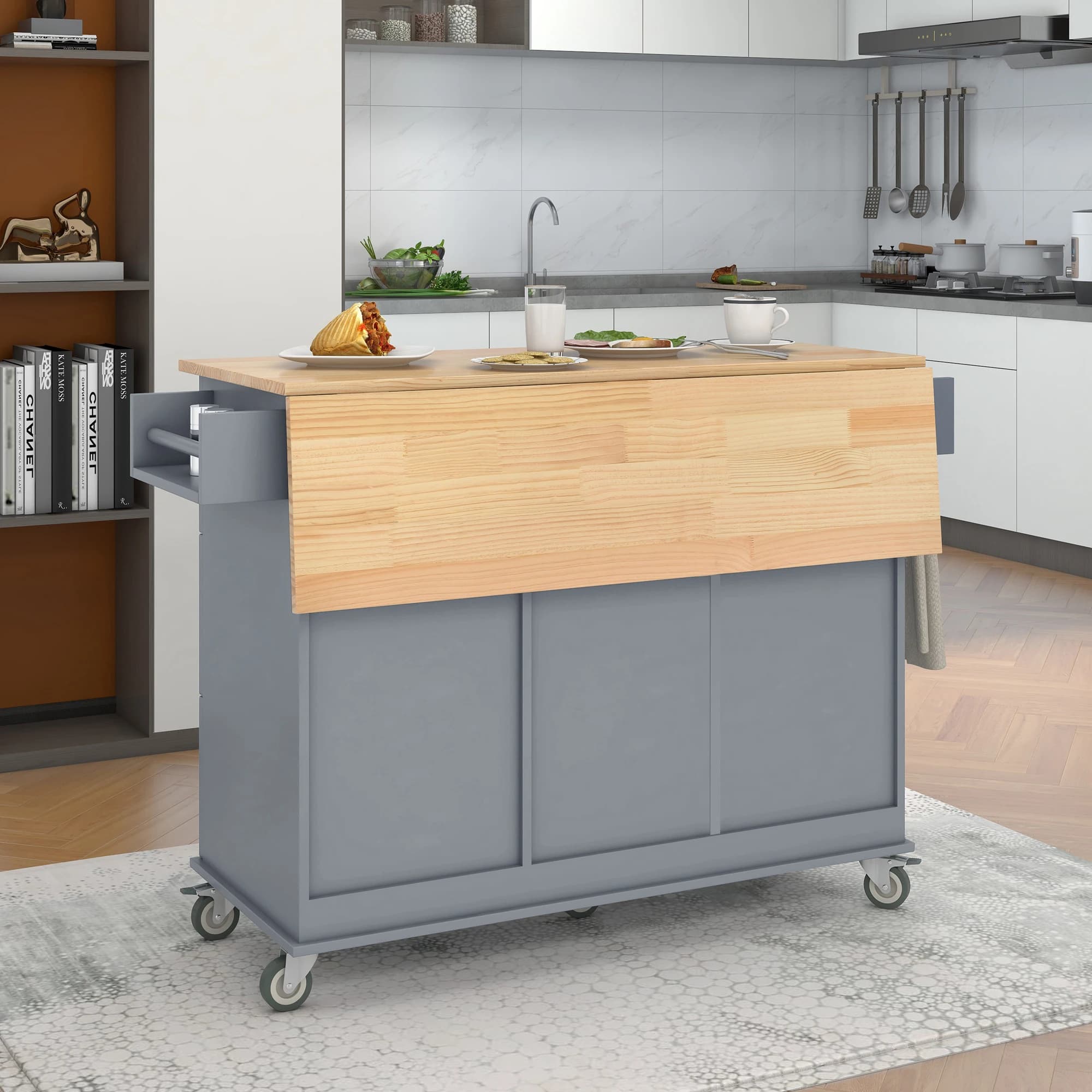 Îlot de cuisine mobile roulant avec plateau en bois massif et roues de verrouillage, armoire de rang