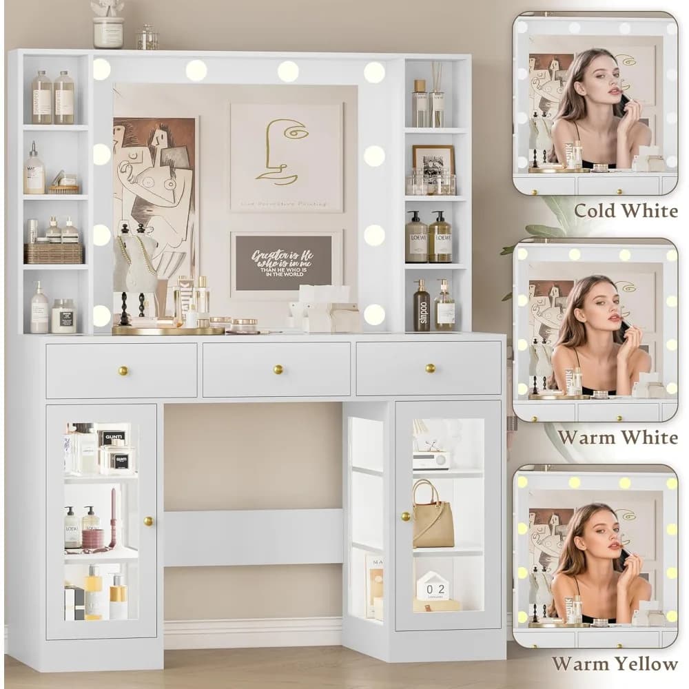 Vanité blanche avec plateau en verre, lumières LED et prise de courant, 3 tiroirs