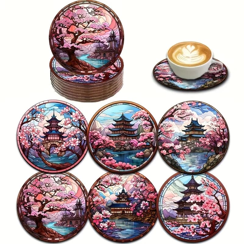 Dessous de verre en bois japonais Sakura et paysage, 6 pièces, parfait pour le thé, le café et les b
