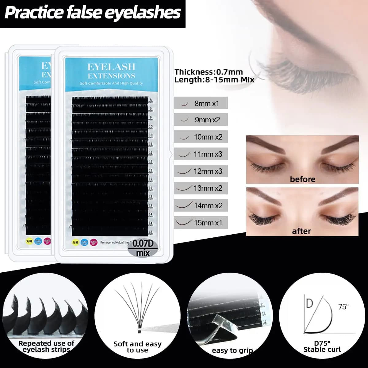 Kit d'extension de cils professionnel avec tête de mannequin, ventilateur USB, shampoing, colle et b