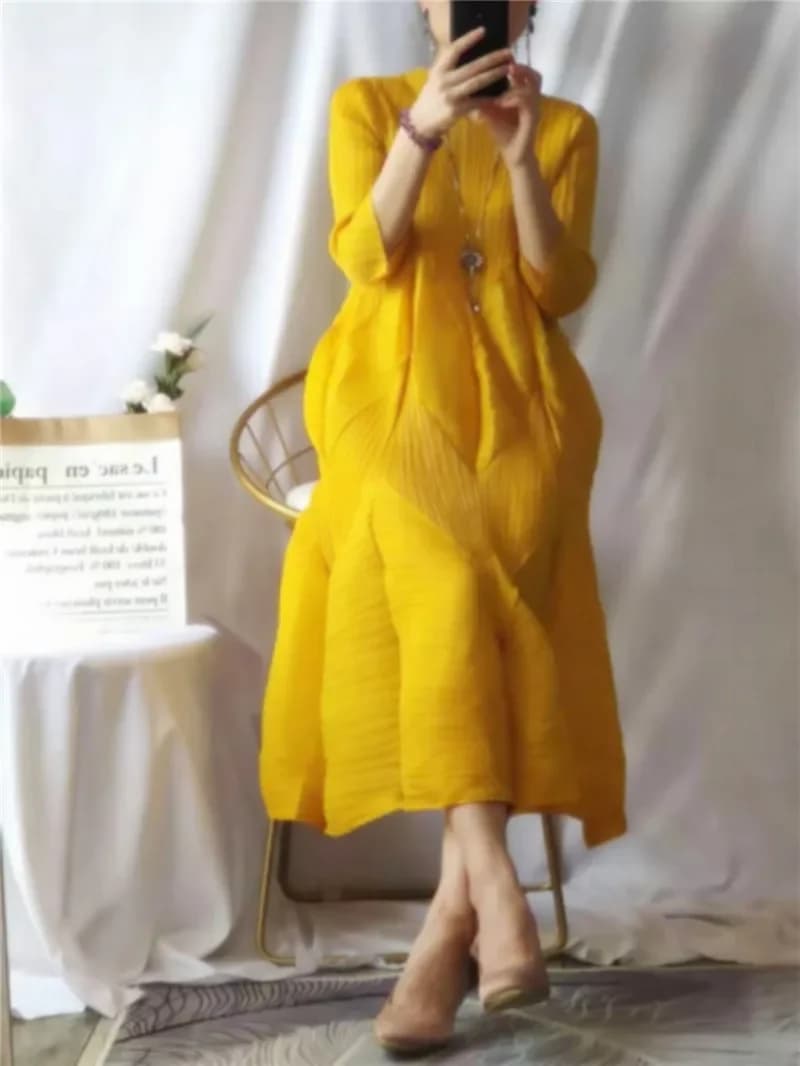 Ata Yake-Robe Longue Plissée avec Bourgeon, Lanterne, Grande Taille, Décontracté, Élégant, Esthétiqu