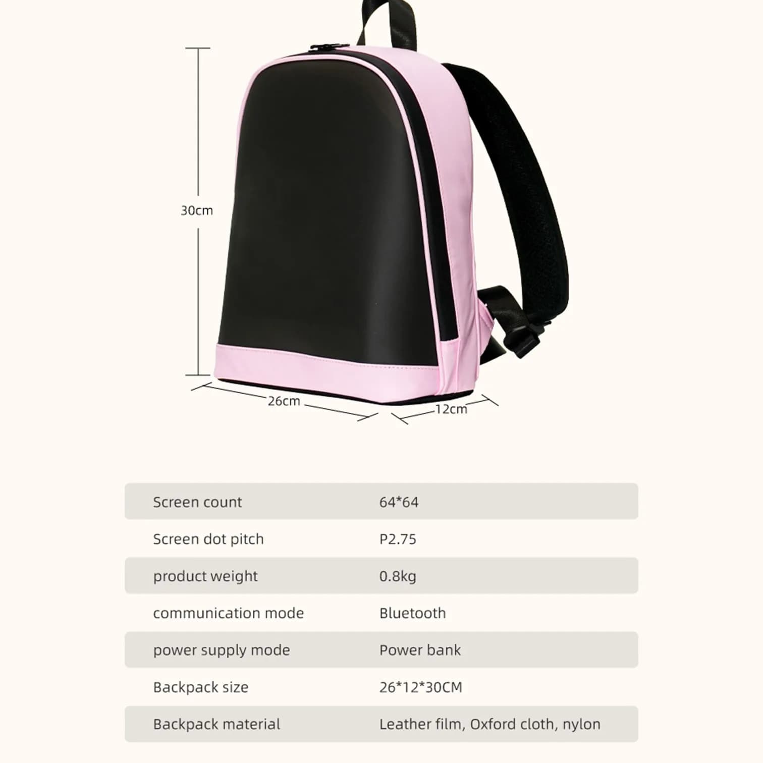 Sac à dos LOY T7-3 avec écran LED, connexion Bluetooth, contrôle par application, affichage publicit