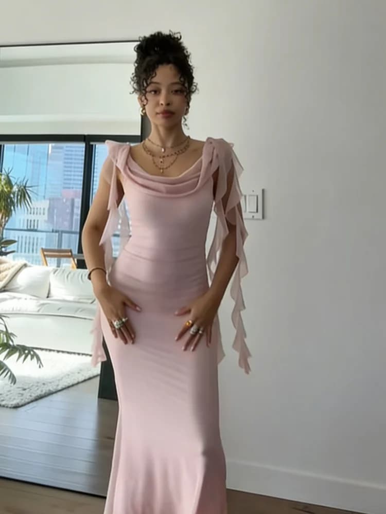 Robe de soirée élégante pour femme, style célébrité, à volants superposés, épaules dénudées, fluide,