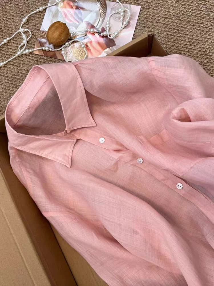 Chemise en lin bleue pour femme, été, fine, ample, en coton et lin, manches longues, protection sola