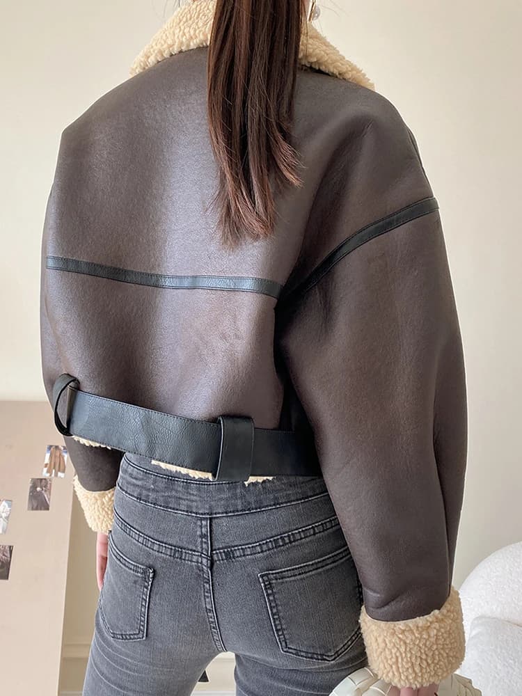 Ailegogo en Fausse Fourrure d'Agneau pour Femme, Streetwear Rétro, Veste avec Ceinture à Fermeture É