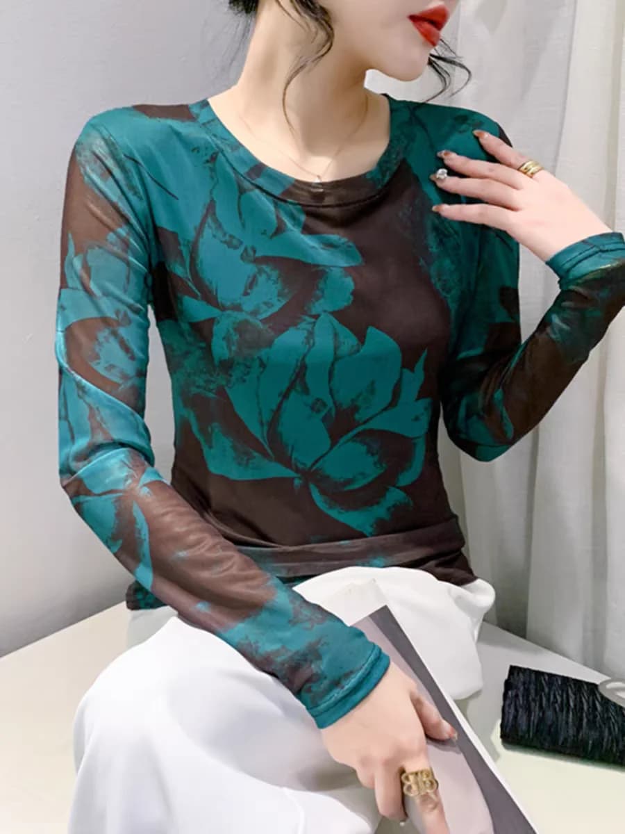 T-shirt en Maille à Col Rond pour Femme, Haut Doux, Imprimé Floral, Extensible, Slim, Printemps Été