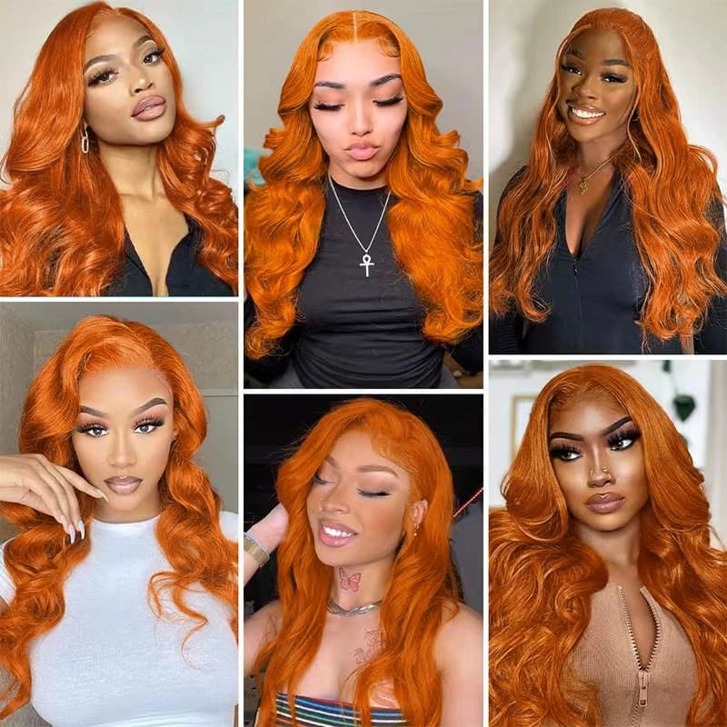Perruque Lace Front Wig Body Wave Orange gingembre 13x6, cheveux humains transparents pour femmes # 