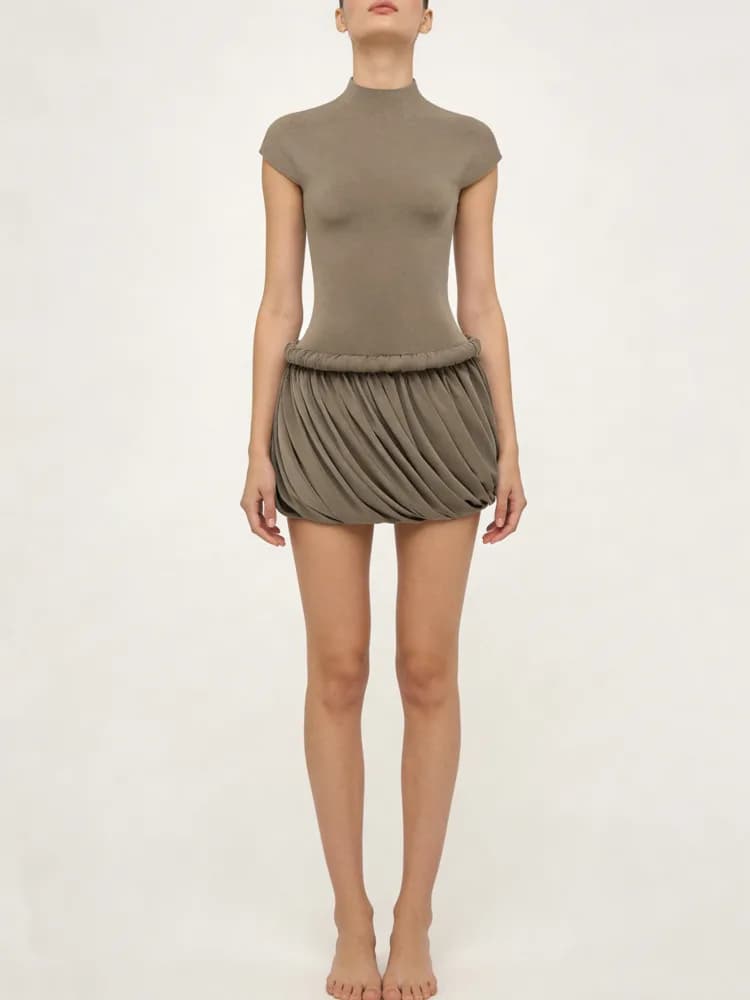 Nouvelle Robe Courte Femme CiCi 2026 Col Montant Manches Courtes Jupe Drapée Froncée Décontractée So