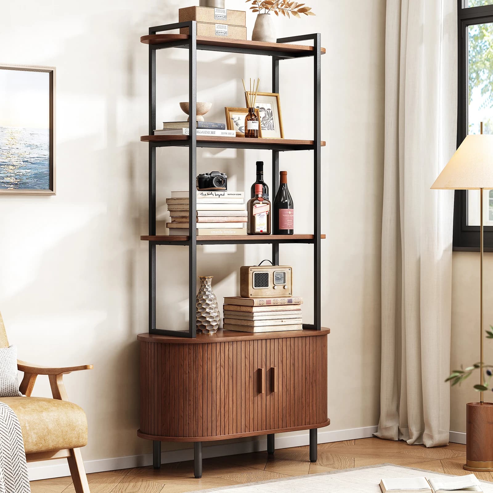 Bibliothèque de 71 pouces de hauteur, étagère à livres à 4 niveaux avec armoire de rangement, biblio
