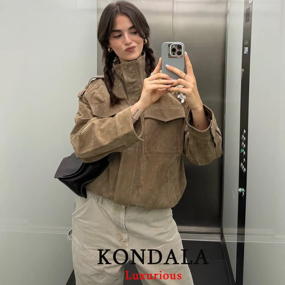KONDALA Chic daim femmes Bomber veste femmes à manches longues poches droite manteau ample mode 2025