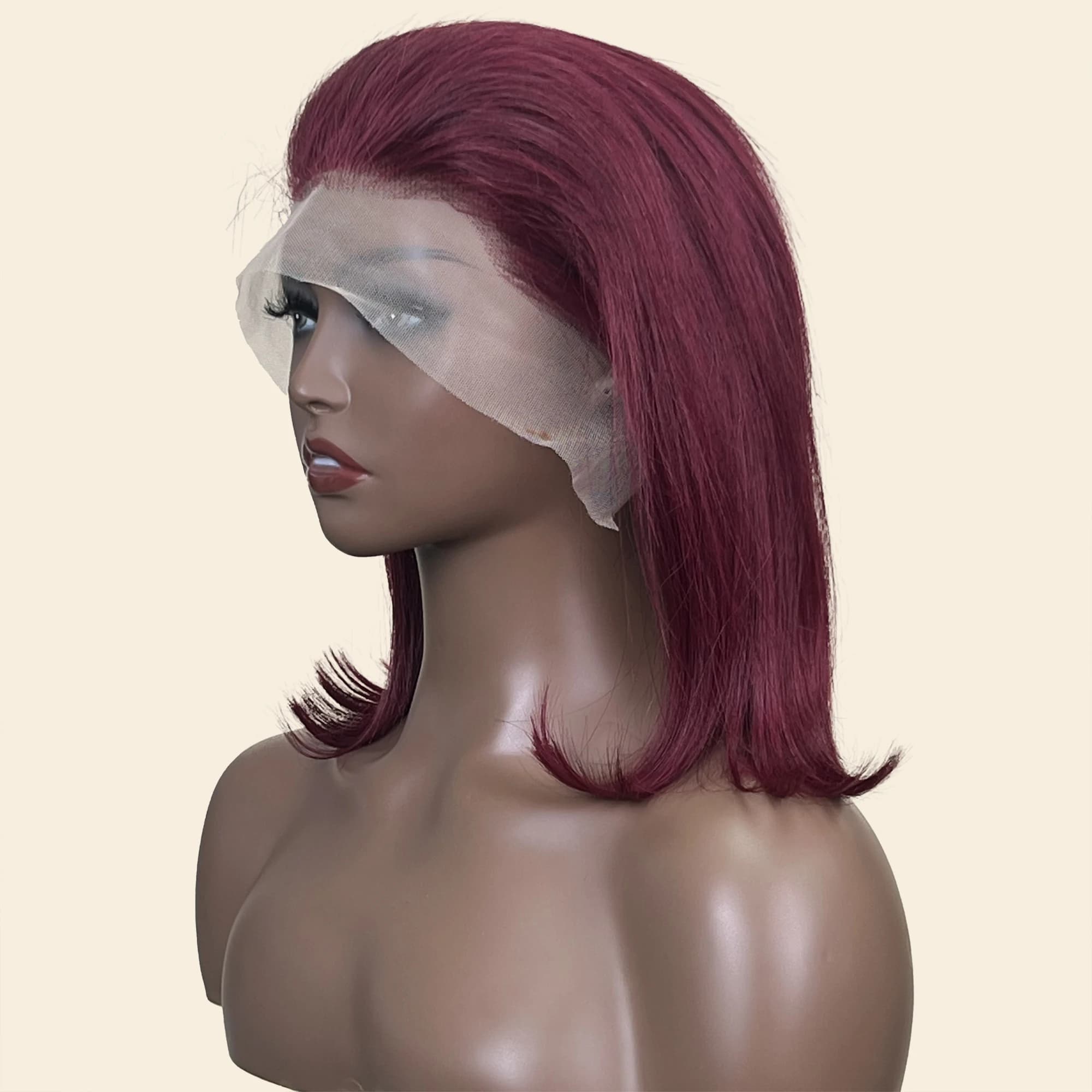 Perruque Bob Lace Front Wig Remy Naturelle Lisse, Cheveux Courts, Bordeaux 99J, 13x4, Pre-Plucked, D