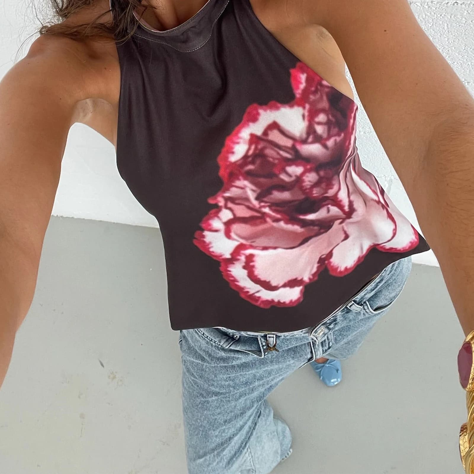 Haut à licou sans manches pour femmes, dos nu, imprimé points/fleurs, gilet d'été, doux et confortab