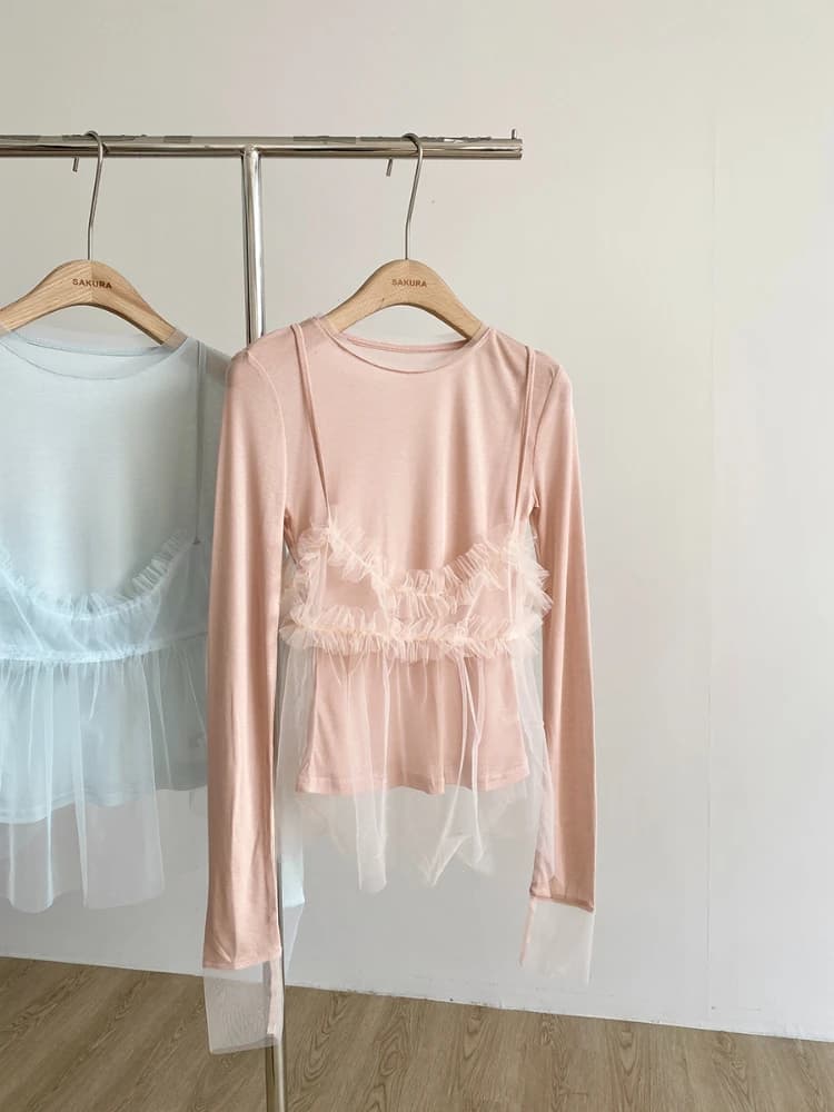 Coréen en mousseline de soie jarretelle à manches longues T-Shirt femmes rose maille épissé T-shirt 